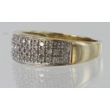 9ct yellow gold diamond three row band ring totalling 0.25ct, finger size M, weight 2.7g