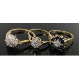 Three cluster rings. Diamond cluster, finger size S, weight 2.5g. Sapphire cluster, finger size P,