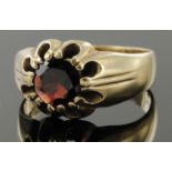 9ct yellow gold gypsy set single stone garnet ring, finger size R, weight 5.7g