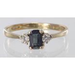 9ct yellow gold sapphire and moissanite three stone ring, finger size O, weight 1.6g