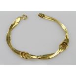 9ct yellow gold herringbone link double row bracelet, 18cm long, weight 6.5g