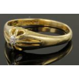 18ct yellow gold gypsy ring set with single cushion shaped old cut diamond weighing approx. 0.