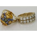 9ct yellow gold large cluster dress ring set with yellow, blue and green sapphire, finger size N,