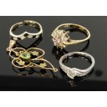 9ct yellow gold cz set wishbone ring with broken shank, 9ct cz ring with missing stone, silver
