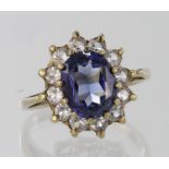 9ct yellow gold blue and white cz cluster ring, finger size O, weight 4.0g