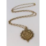 9ct yellow gold belcher chain with imitation sovereign pendant, weight 10.5g