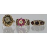 Three 9ct yellow gold mixed gemstone and paste rings, weight 11.0g