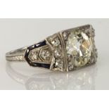 18ct white gold 1930's style ring set with principal round old cut diamond in square setting with