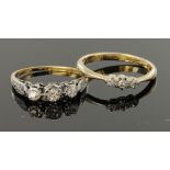 Two 18ct yellow gold diamond three stone rings, weight 3.6g