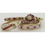 Four 9ct yellow gold ruby and diamond set rings, weight 7.2g