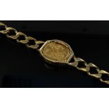 9ct yellow gold square curb link bracelet set with 1982 half sovereign, weight 21.6g
