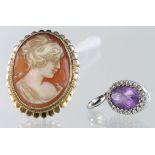 9ct hallmarked White Gold Amethyst Pendant and 9ct hallmarked Gold Cameo Brooch (2) weight 8.3g