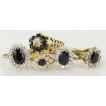 Five 9ct yellow gold sapphire and cz cluster rings, weight 11.0g