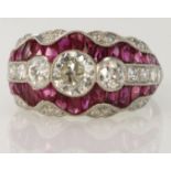 Platinum Art Deco style ruby and diamond set ring, principal central round diamond with known
