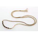 9ct yellow gold fine chain with solid curved bar set with seven sapphires, length 36cm, weight 2.9g