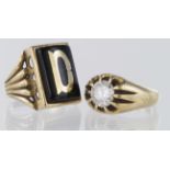 Two 9ct yellow gold rings. Rectangular shaped mourning ring with fluted shoulder detail, finger size