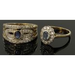 9ct Gold hallmarked Sapphire and Diamond Rings sizes L and Q weight 7.8g (2)