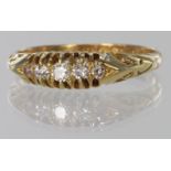 18ct yellow gold boat shaped five stone diamond ring, finger size P, weight 2.9g
