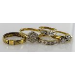 Mixed lot of 18ct marked or tested Rings some set with Diamonds, weight 14.6g (5)