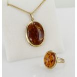 9ct Gold hallmarked Amber Ring size P plus Amber Pendant on a fine chain weight 12.9g (2)