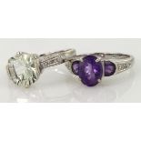 9ct white gold amethyst three stone ring with diamond shoulders, finger size N, weight 3.7g. 9ct