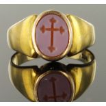 9ct stamped Gold Memorial Ring with Crucifix and Hair reverse size S weight 7.3g