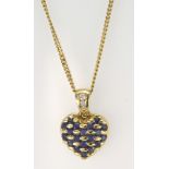 18ct yellow gold heart shaped pendant set with sapphire in a basket weave design with a diamond