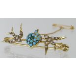 15ct stamped Gold Bar Brooch set with Turquoise and Seed Pearls with safety chain weight 5.6g