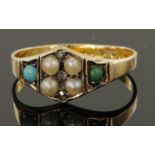 15ct yellow gold seed pearl and turquoise ring, finger size N, weight 2.3g