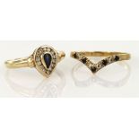 9ct yellow gold sapphire and diamond pear shaped cluster ring, finger size O, weight 1.5g. 9ct