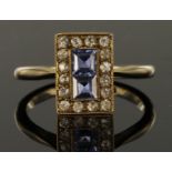 9ct Gold stamped Ring with square cut Sapphires and Diamond surround size K weight 2.2g