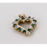 14ct yellow gold emerald and diamond open heart pendant, weight 2.4g