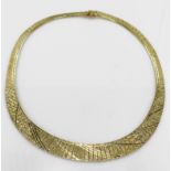14ct yellow gold fringe style collar necklace with patterned front and polished reverse, with box