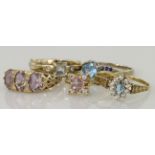 Five 9ct yellow gold mixed gemstone rings, weight 12.3g