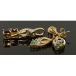 9ct yellow gold emerald and diamond drop earrings, weight 2.1g. 9ct yellow gold garnet and diamond