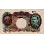 Barbados 1 Dollar dated 1st June 1943, portrait King George VI at right, serial B/R 752802 (TBB