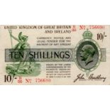 Bradbury 10 Shillings issued 16th December 1918, serial B/89 756690 in red, No. with dash (T20,