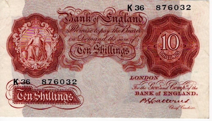 Catterns 10 Shillings issued 1930, LAST SERIES serial K36 876032 (B223, Pick362b) VF to good VF