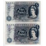 Fforde & Page 5 Pounds, a rare signature sequence pair, consecutive overlapping serial numbers 05D