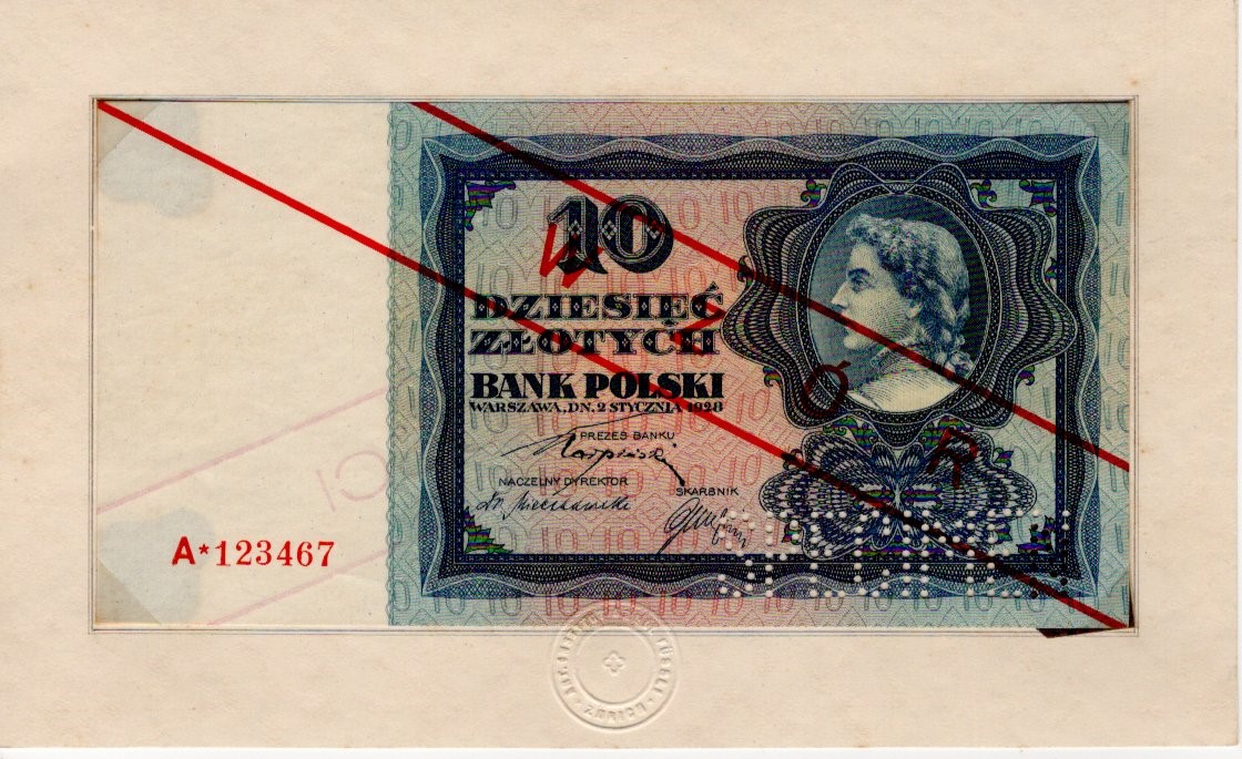 Poland 10 Zlotych 2nd January 1928, a very scarce SPECIMEN, serial A*123467, printed by Art Institut