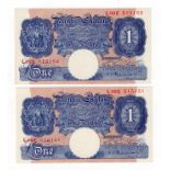 Peppiatt 1 Pound (2) issued 1940, blue WW2 emergeny issue, a consecutively numbered pair serial L02E