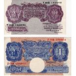 Peppiatt (2), 10 Shillings and 1 Pound issued 1940, WW2 emergency issue, serial Y46D 143940 and Z17D