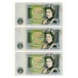 ERROR Somerset 1 Pound (3) issued 1981, a consecutively numbered first prefix run of miscut notes