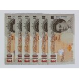 Cleland 10 Pounds (6) issued 2015, a consecutively numbered run of 6 notes, serial MC74 687150 -