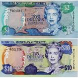 Bermuda (2), 10 Dollars and 2 Dollars dated 24th May 2000, a scarce pair of REPLACEMENT notes,