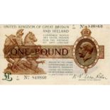 Warren Fisher 1 Pound issued 1919, LAST SERIES serial number X/20 840860 (T24, Pick357) cleaned