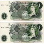 ERROR Page 1 Pound (2) issued 1970, scarce consecutively numbered pair of mismatched serial numbers,