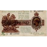 Warren Fisher 1 Pound issued 1923, Z1 control note, No. with dot, serial Z1/44 749162 (T31,