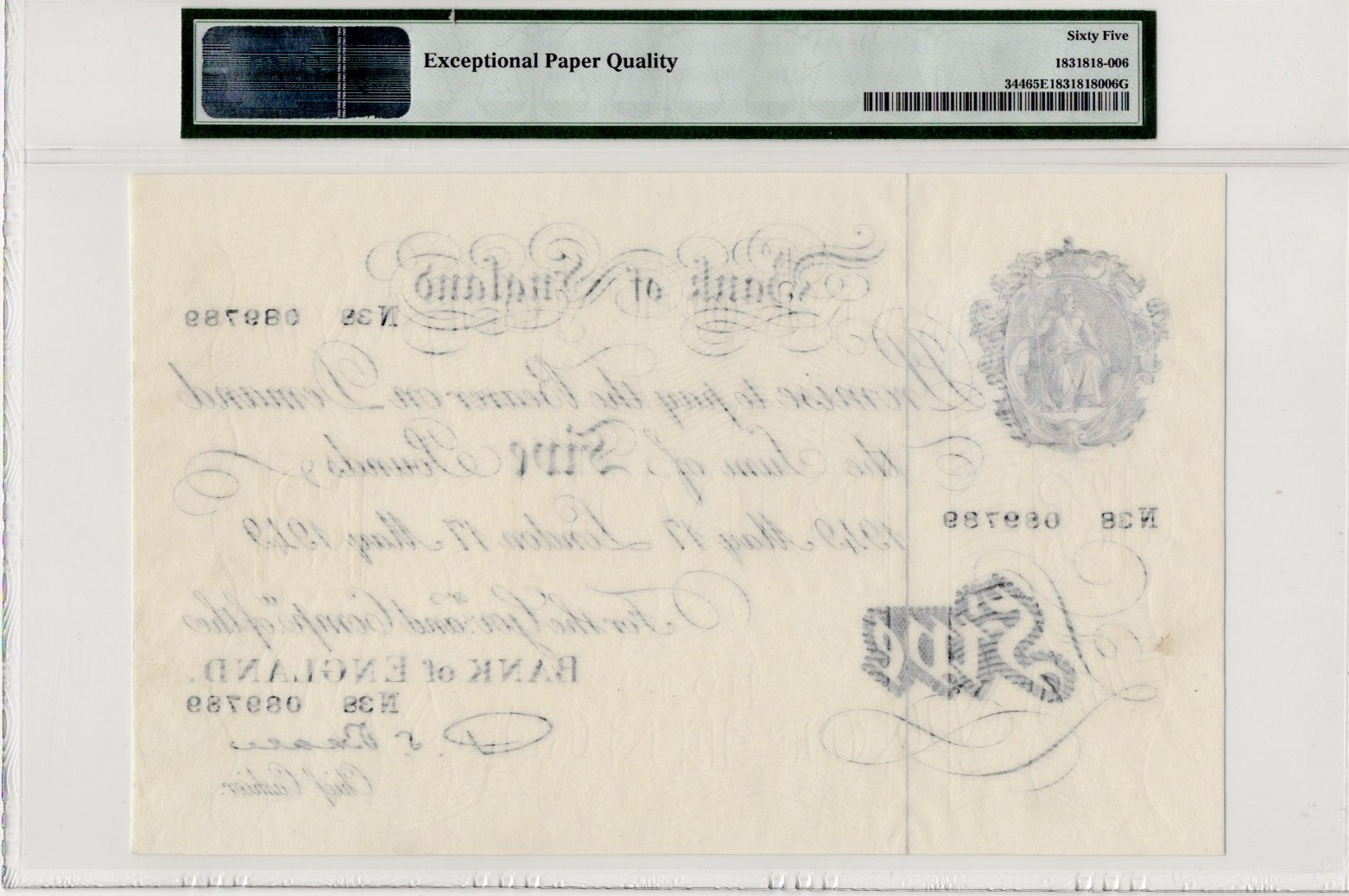 Beale 5 Pounds dated 17th May 1949, serial N38 089789, (B270, Pick344) in PMG holder graded 65 EPQ - Image 2 of 2