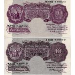Peppiatt 10 Shillings (2) issued 1940, mauve WW2 emergency issue, serial X65D 438819 & M68D